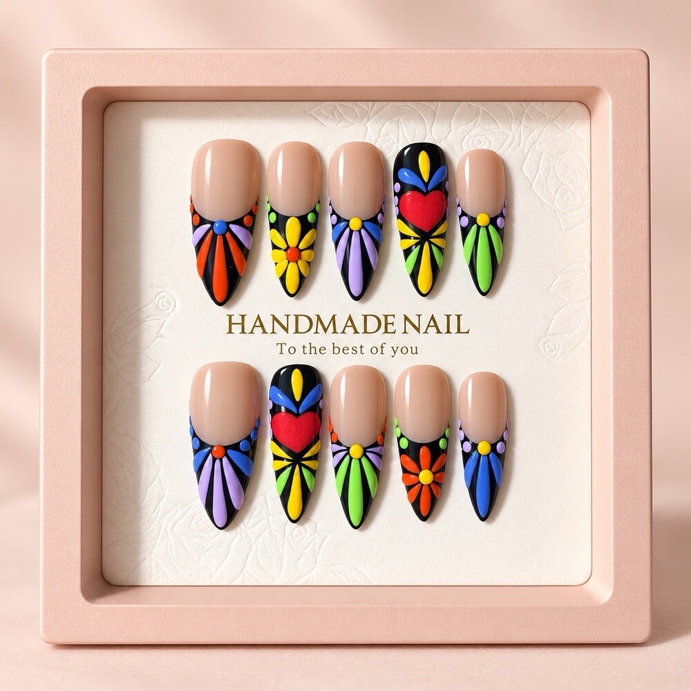 Reusable Colorful Floral Press On Nails Size M Almond Heart 10pc Set #005